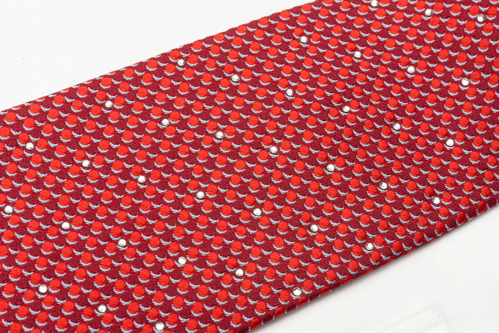 Nina Ricci Rhinstone Necktie Red Dots On Woven Burgundy Silk