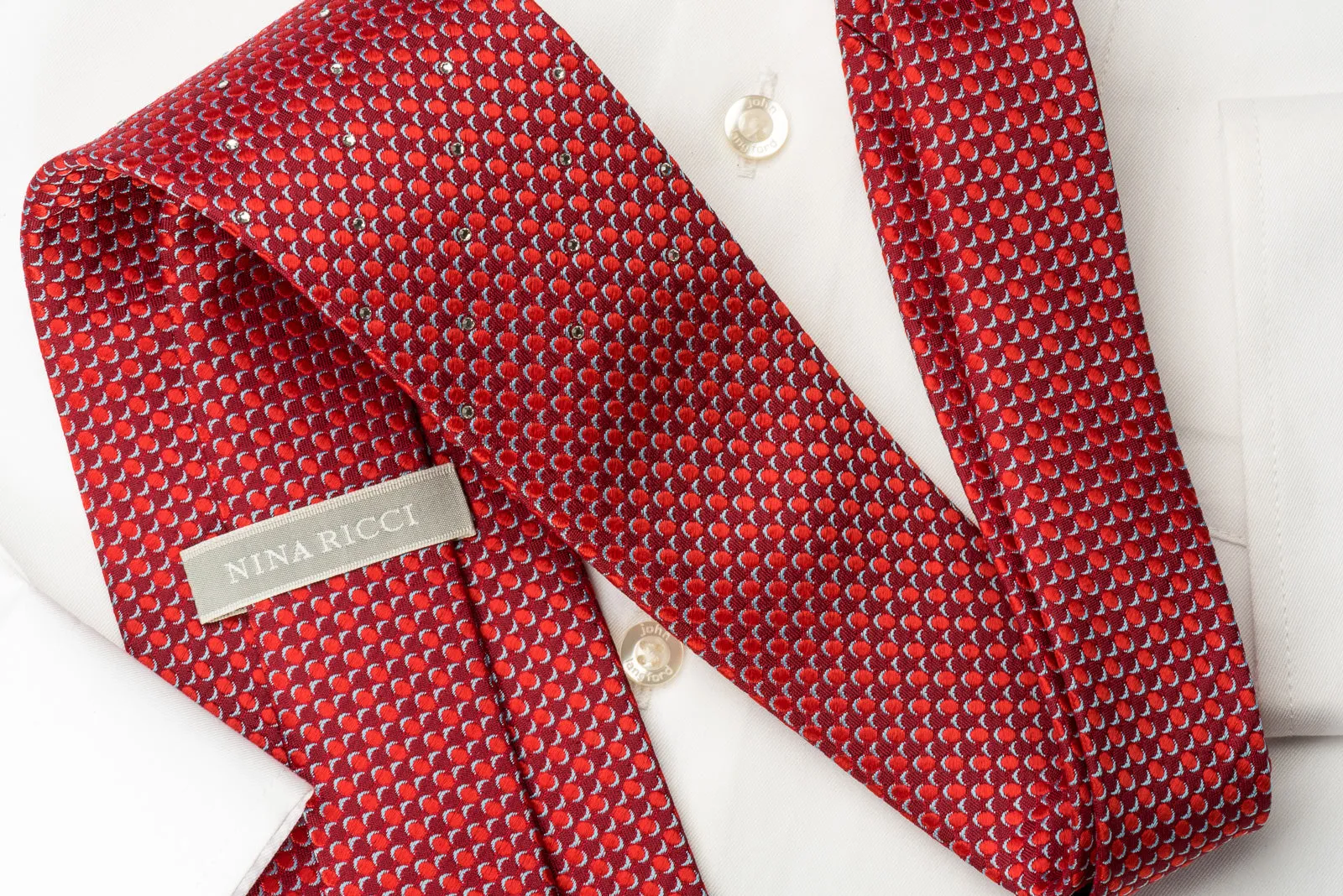 Nina Ricci Rhinstone Necktie Red Dots On Woven Burgundy Silk