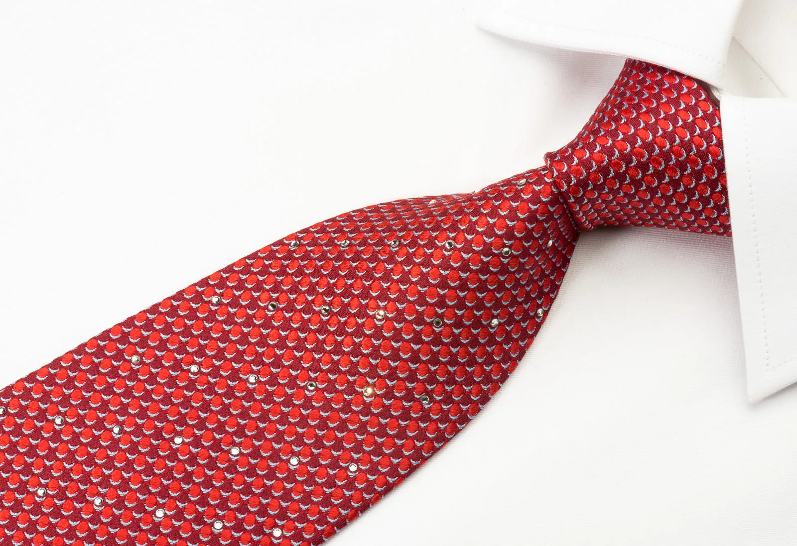 Nina Ricci Rhinstone Necktie Red Dots On Woven Burgundy Silk