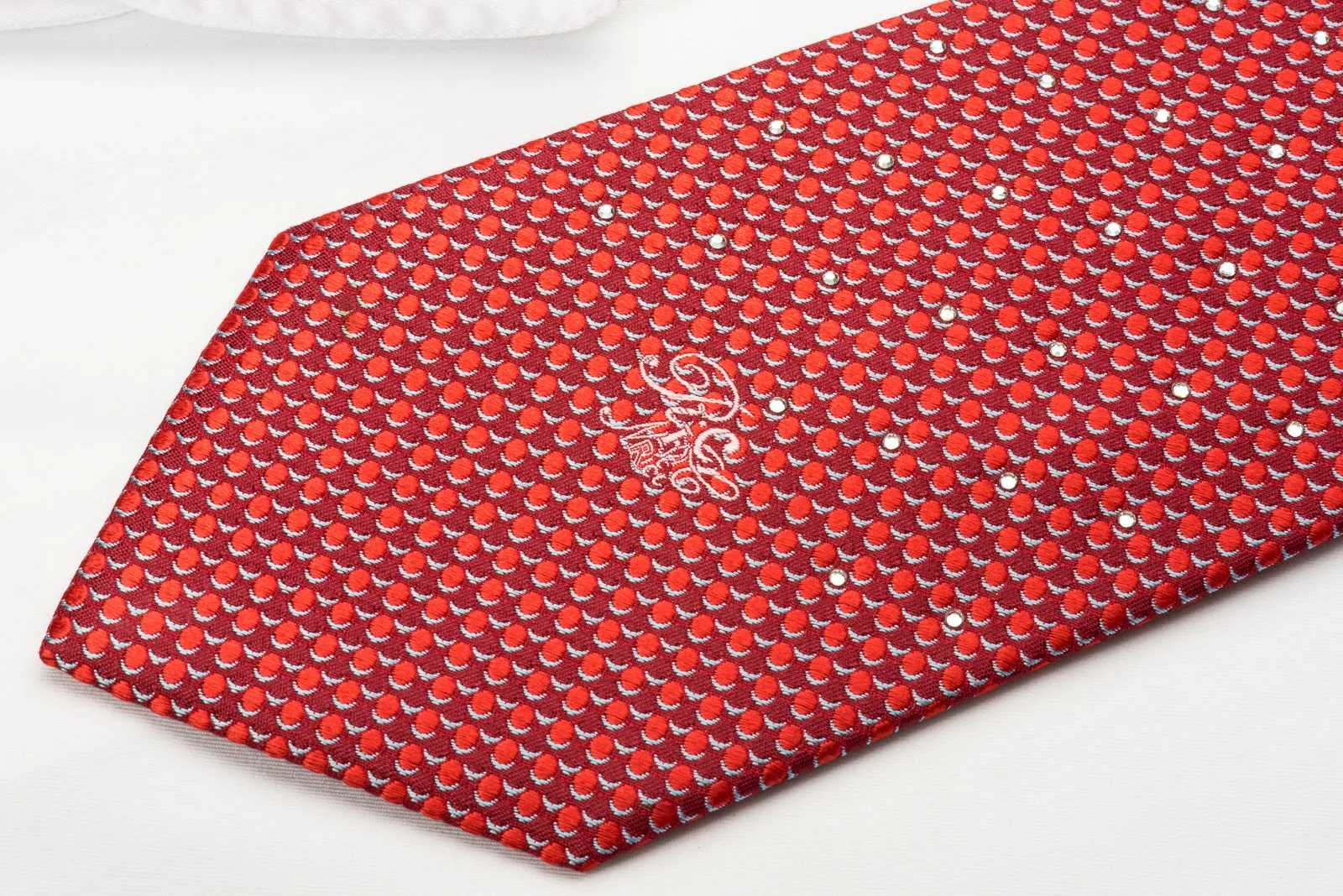 Nina Ricci Rhinstone Necktie Red Dots On Woven Burgundy Silk