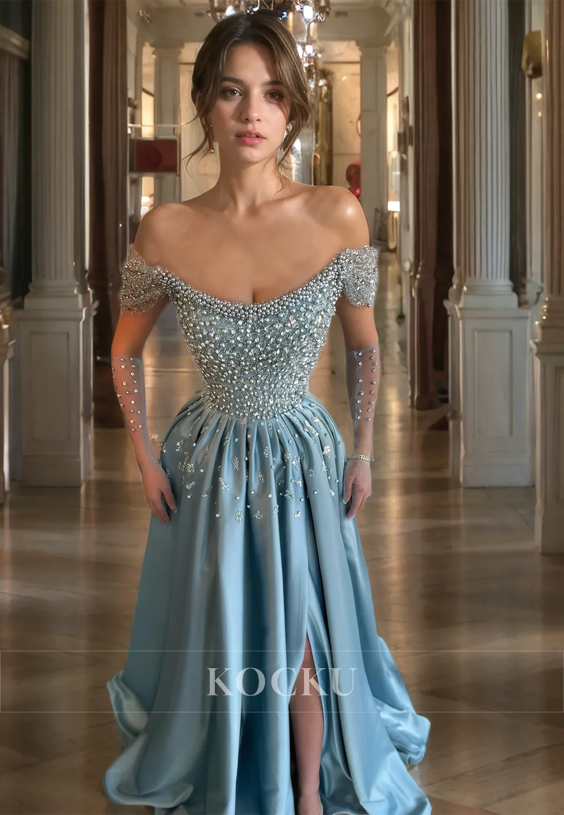 Off-Shoulder Tube Top Sleeveless A-Line Prom Dress Slit Train Beads Satin Evening Dress with Gloves