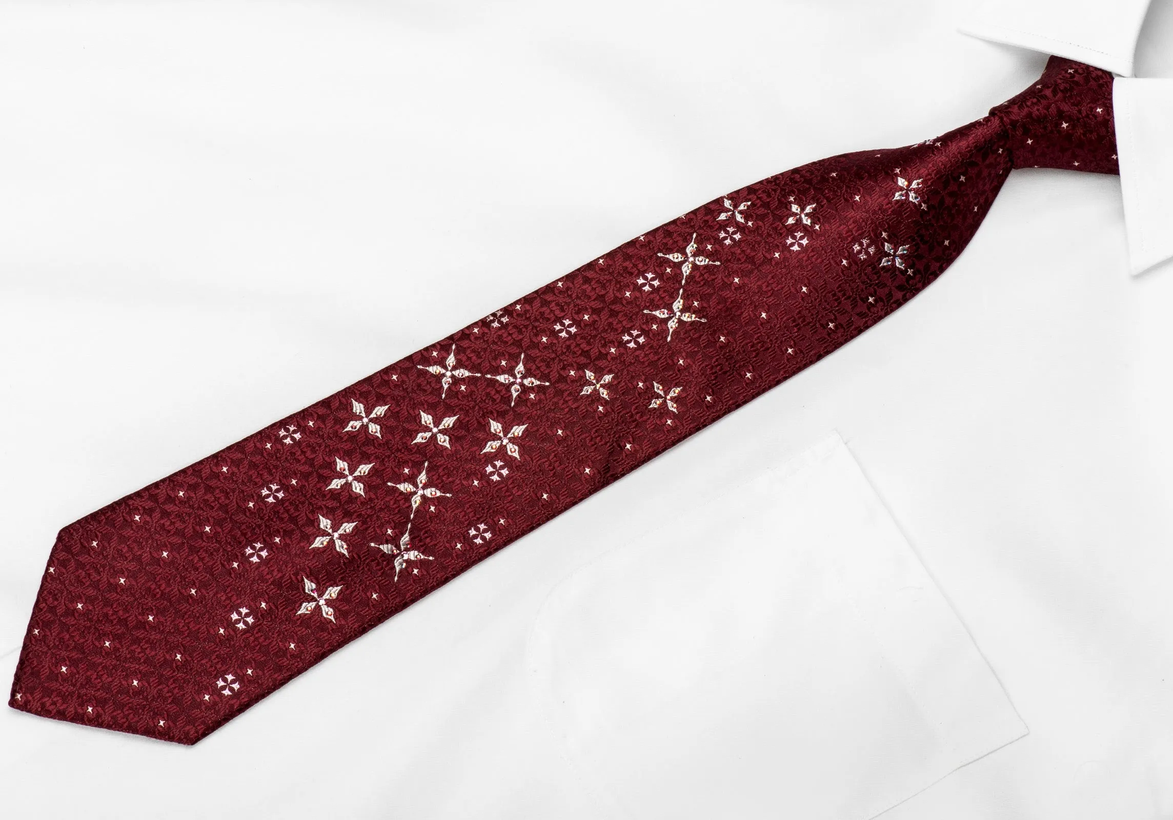 Paco Rabanne Men's Crystal Necktie Stars On Burgundy With Silver Sparkles