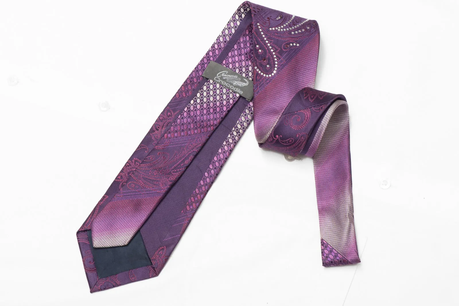 Paisley & Geometric On Purple Rhinestone Silk Tie With Purple Sparkles