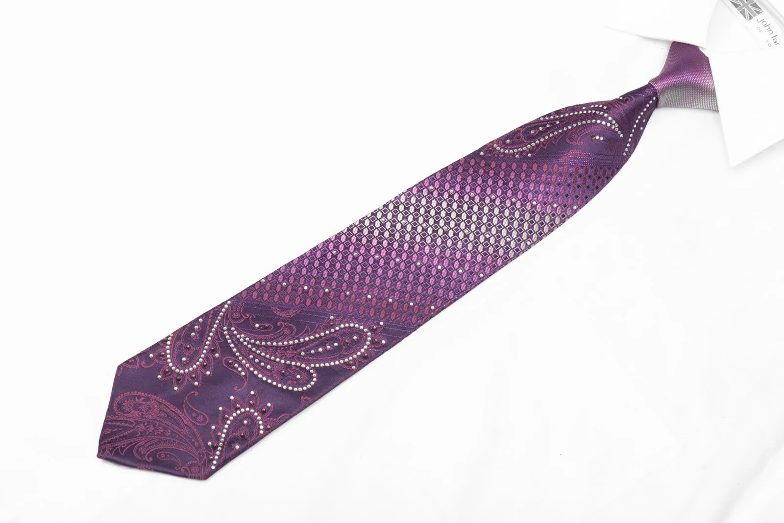 Paisley & Geometric On Purple Rhinestone Silk Tie With Purple Sparkles