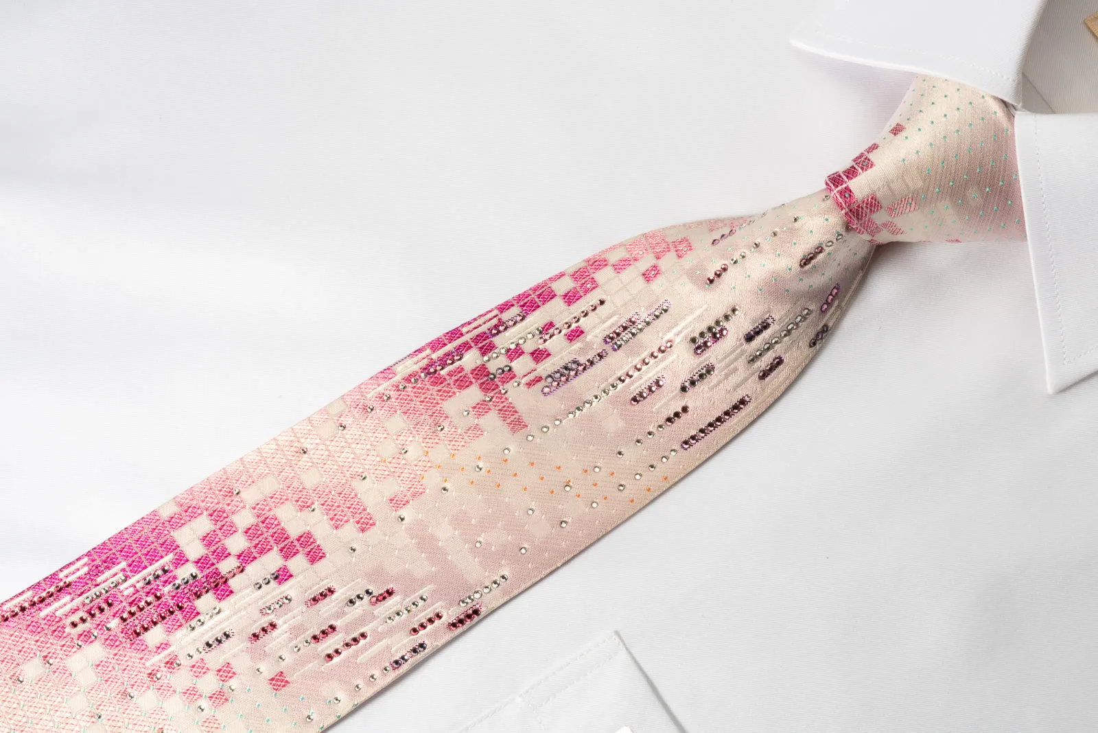 Pierre Cardin Rhinestone Necktie Pink Geometric With Silver Sparkles