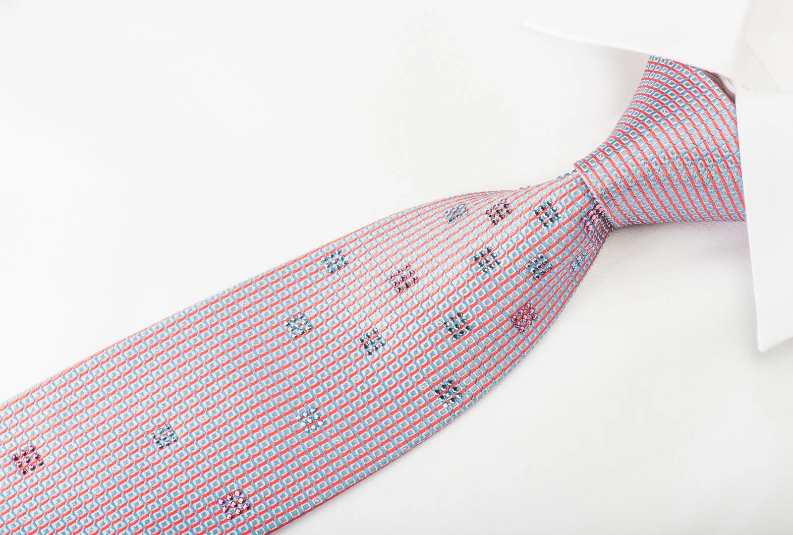 Pierre Cardin Silk Tie Blue Red Lattice With Rhinestones