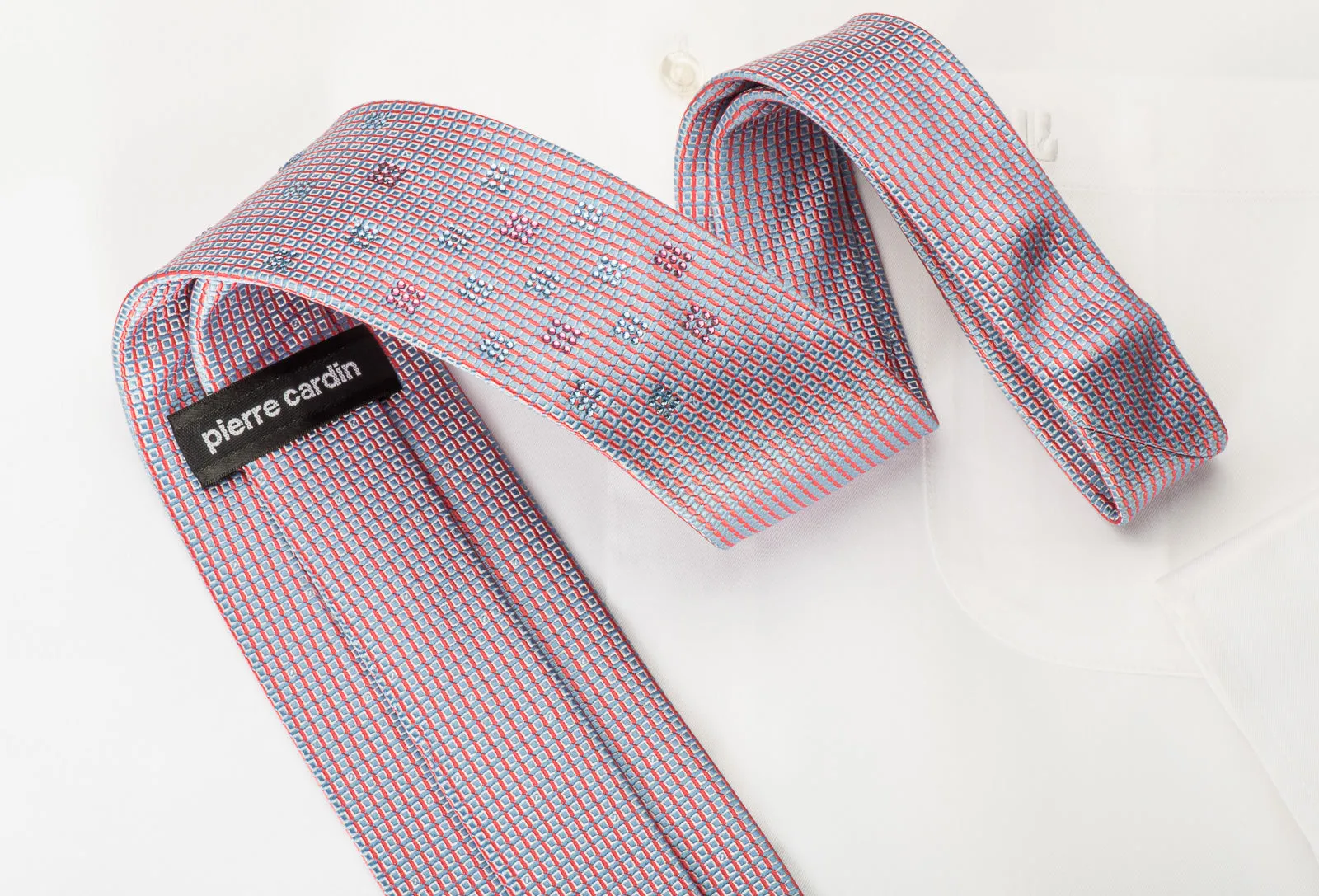 Pierre Cardin Silk Tie Blue Red Lattice With Rhinestones