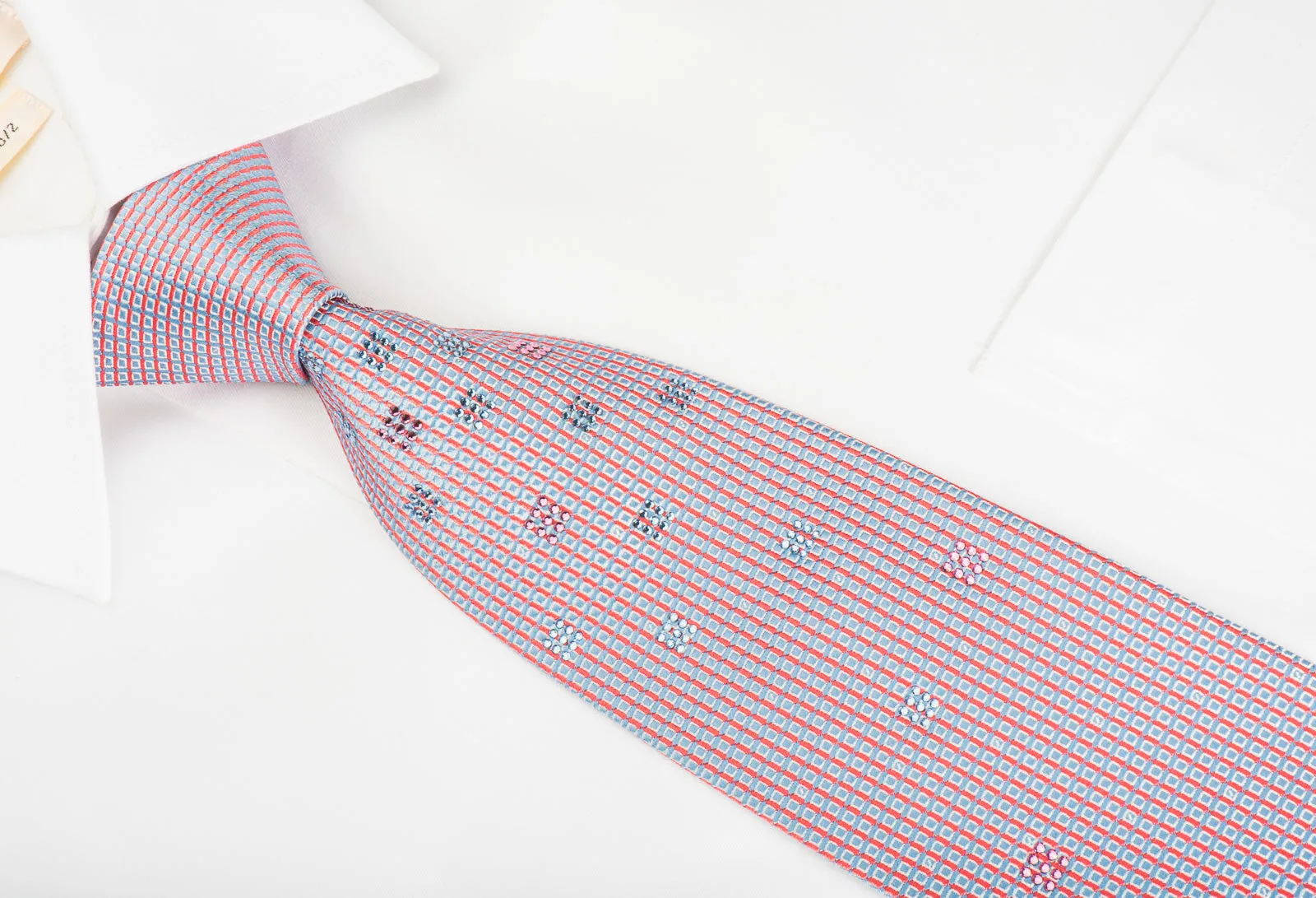 Pierre Cardin Silk Tie Blue Red Lattice With Rhinestones