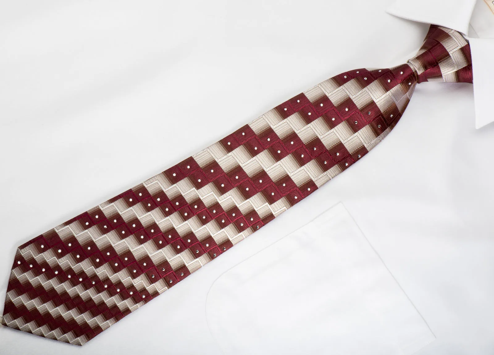 Pierre Cardin Silk Tie Burgundy Silver Chevron Checkered With Rhinestones