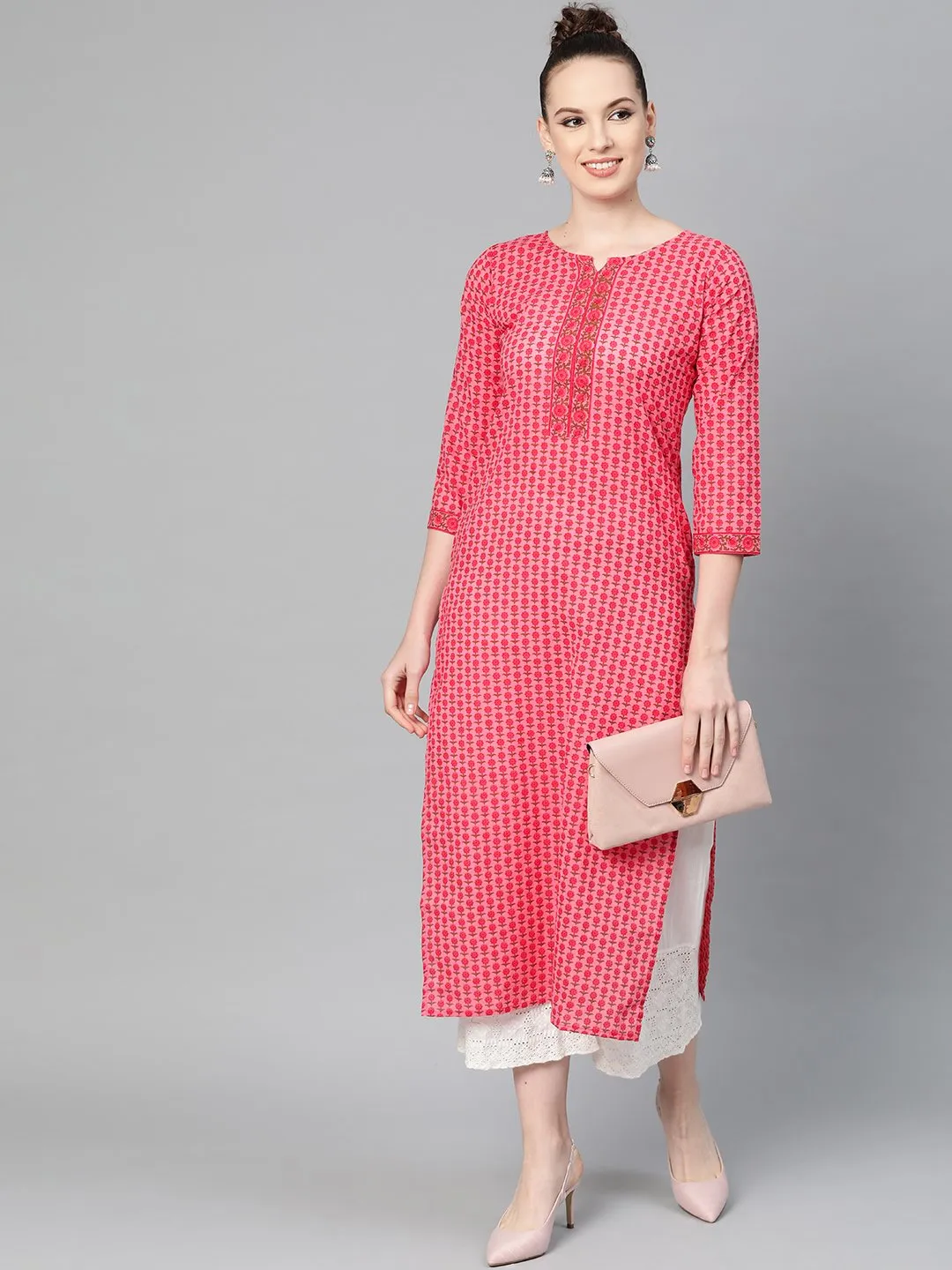 Pink Floral Printed Straight Kurta With Round With V & 3/4 Sleeves