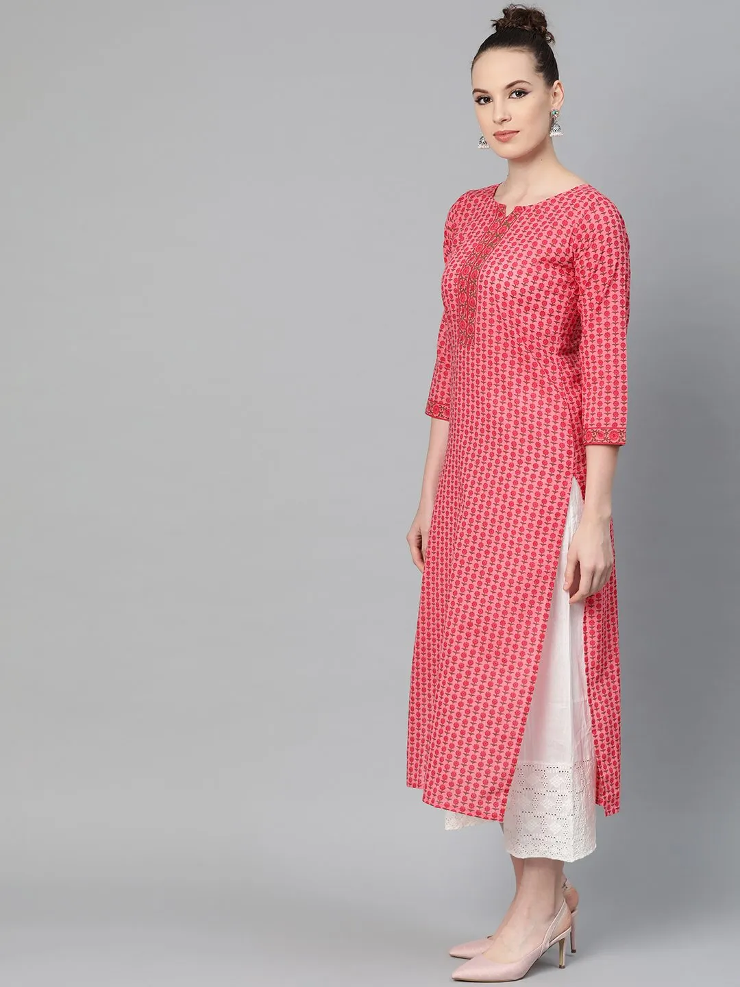 Pink Floral Printed Straight Kurta With Round With V & 3/4 Sleeves