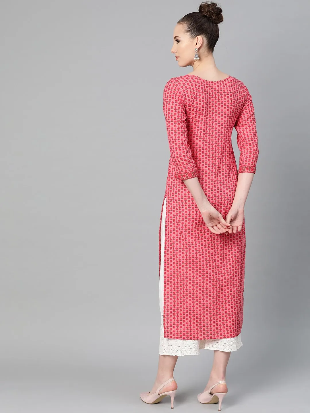 Pink Floral Printed Straight Kurta With Round With V & 3/4 Sleeves