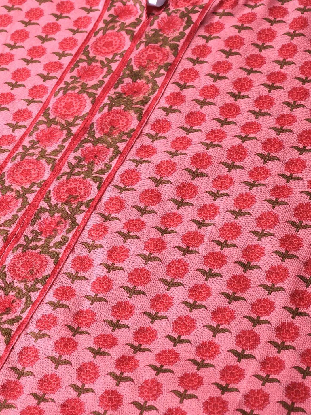 Pink Floral Printed Straight Kurta With Round With V & 3/4 Sleeves