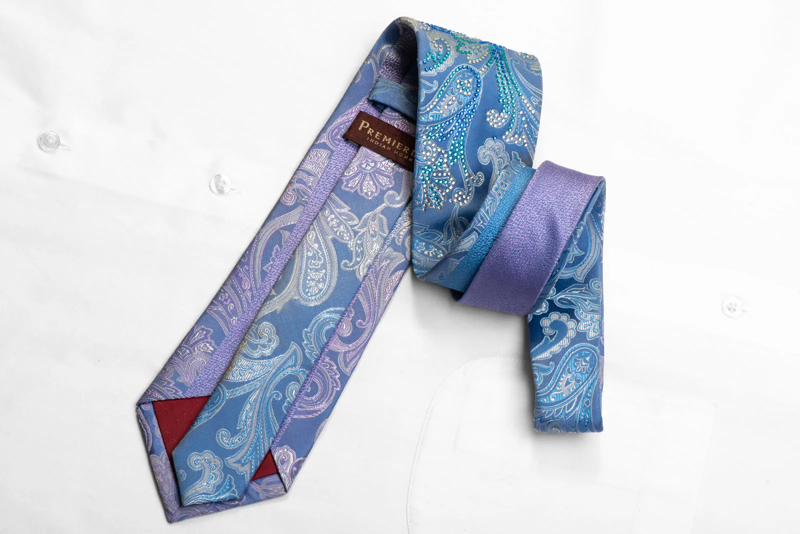 Premierlux Rhinestone Silk Necktie Paisley On Blue