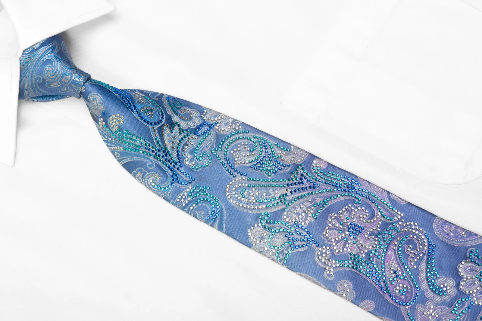 Premierlux Rhinestone Silk Necktie Paisley On Blue