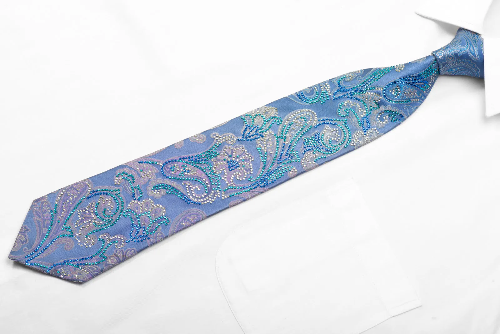 Premierlux Rhinestone Silk Necktie Paisley On Blue