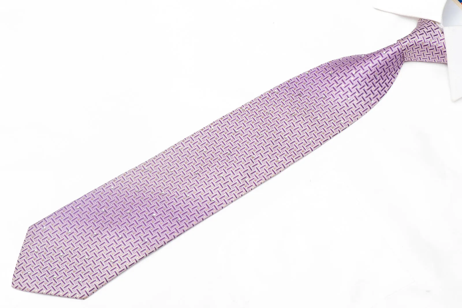 Purple Geometric On Mauve Rhinestone Silk Necktie With Silver Sparkles