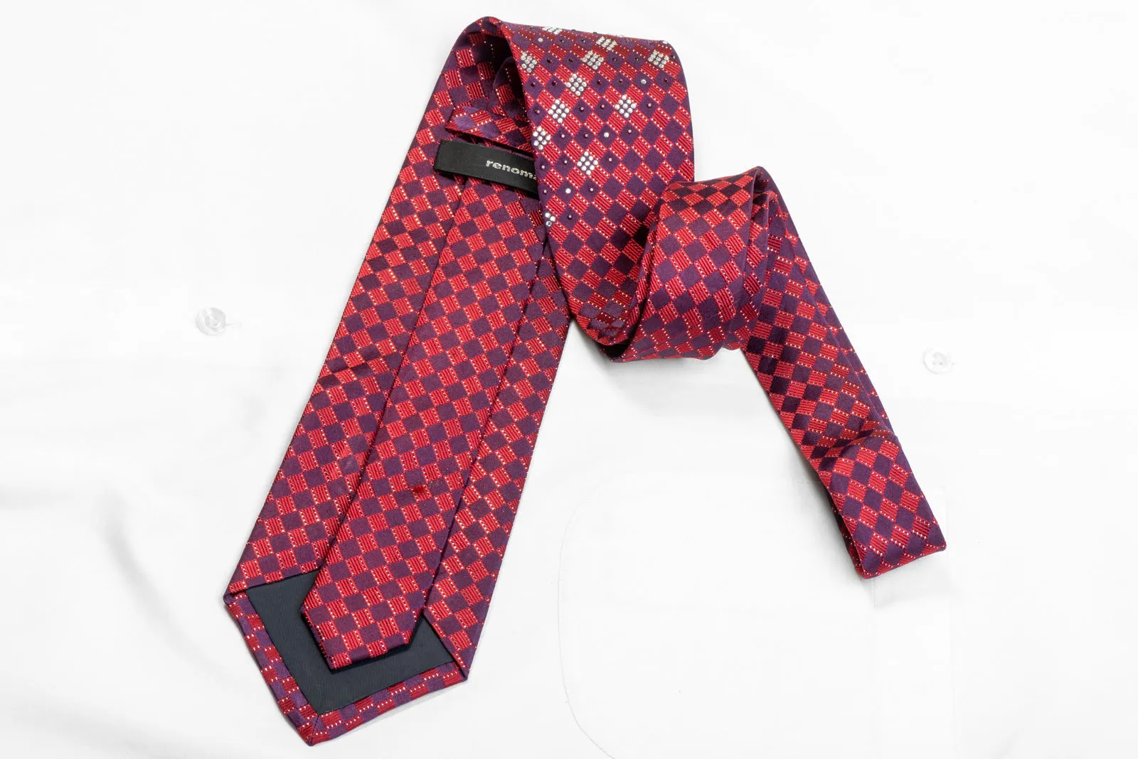 Purple Red Checkered Rhinestone Silk Necktie With Sparkles