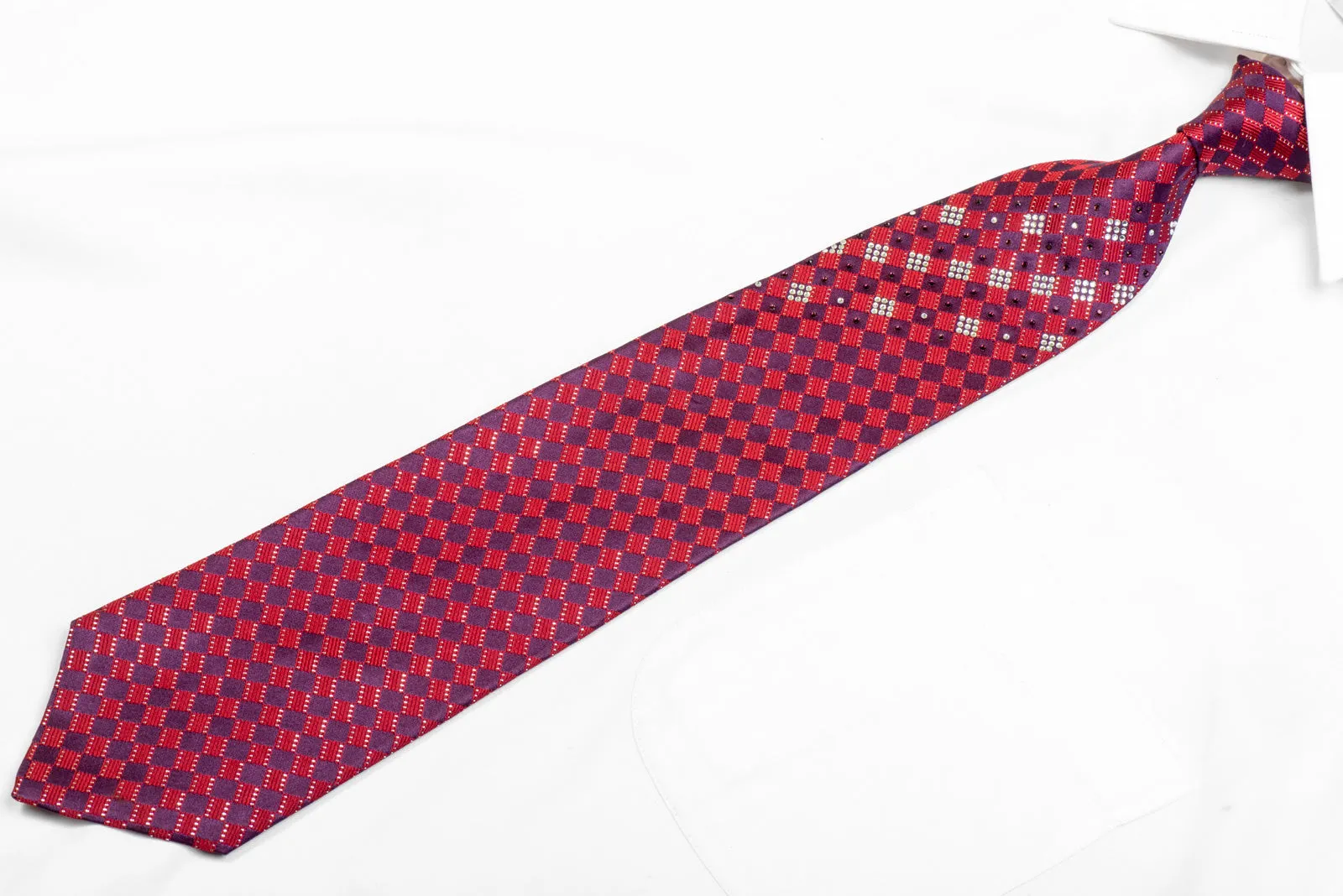 Purple Red Checkered Rhinestone Silk Necktie With Sparkles