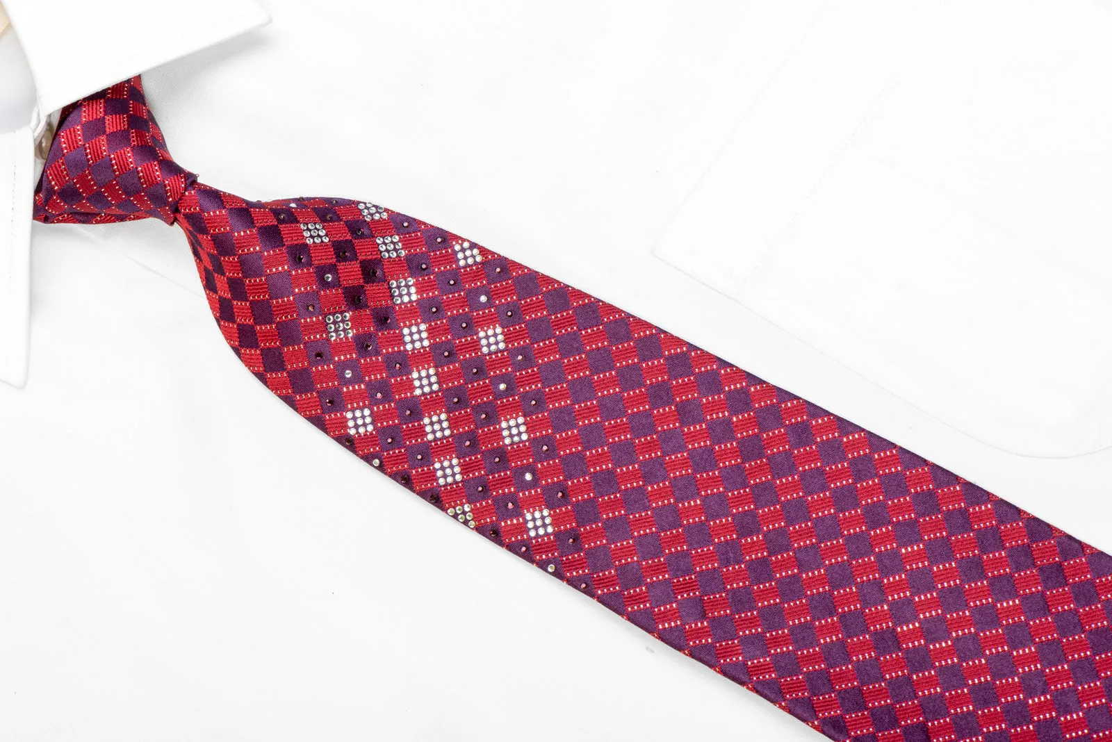 Purple Red Checkered Rhinestone Silk Necktie With Sparkles