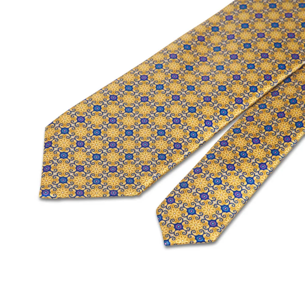 Renaissance Flowers Yellow and Blue Duchesse Silk Tie