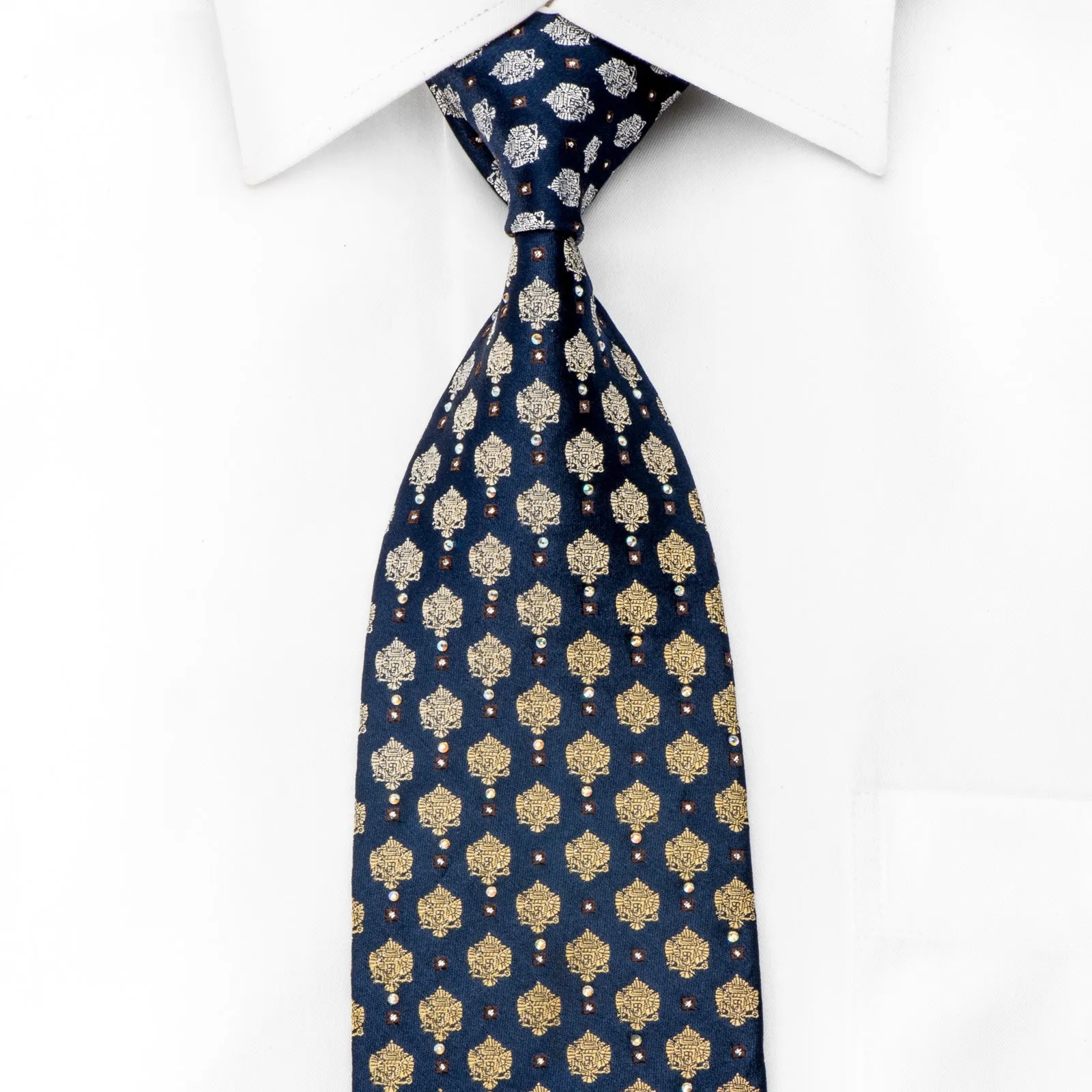 Renoma Mens Crystal Rhinestone Necktie Yellow Cartouche On Navy With Silver Sparkles