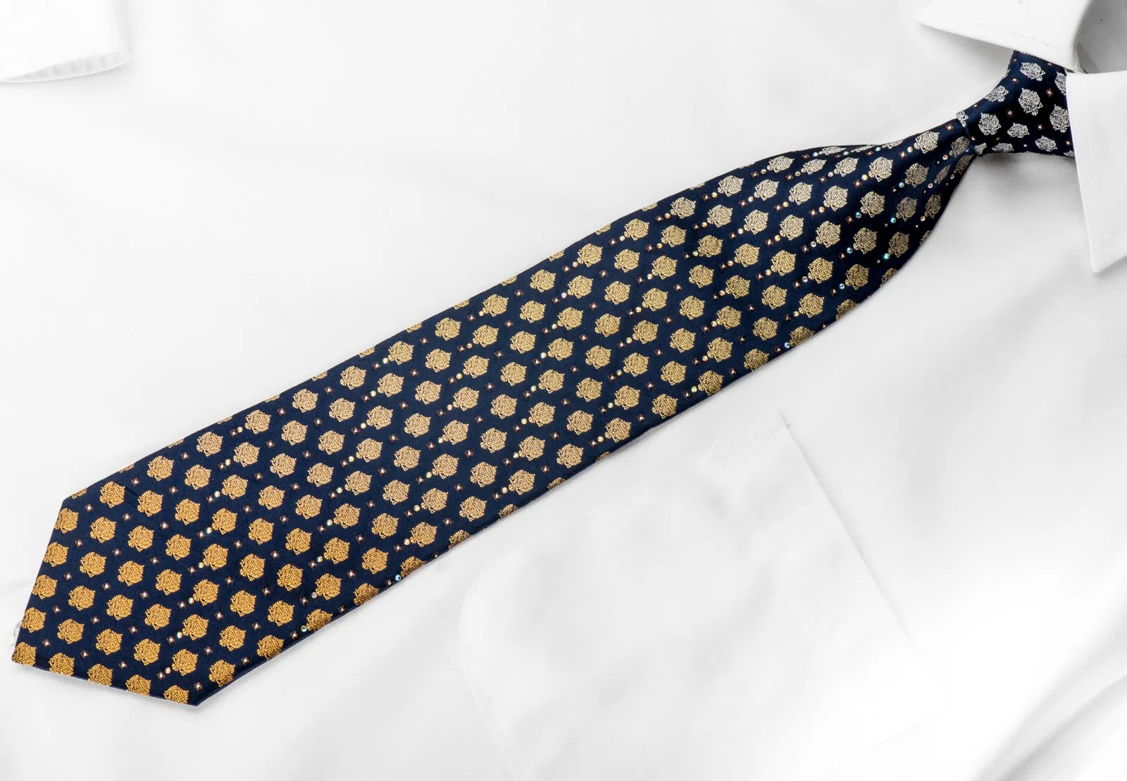 Renoma Mens Crystal Rhinestone Necktie Yellow Cartouche On Navy With Silver Sparkles