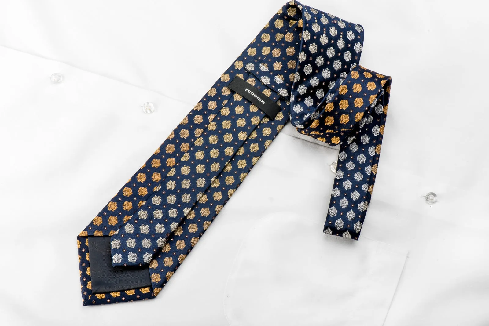 Renoma Mens Crystal Rhinestone Necktie Yellow Cartouche On Navy With Silver Sparkles