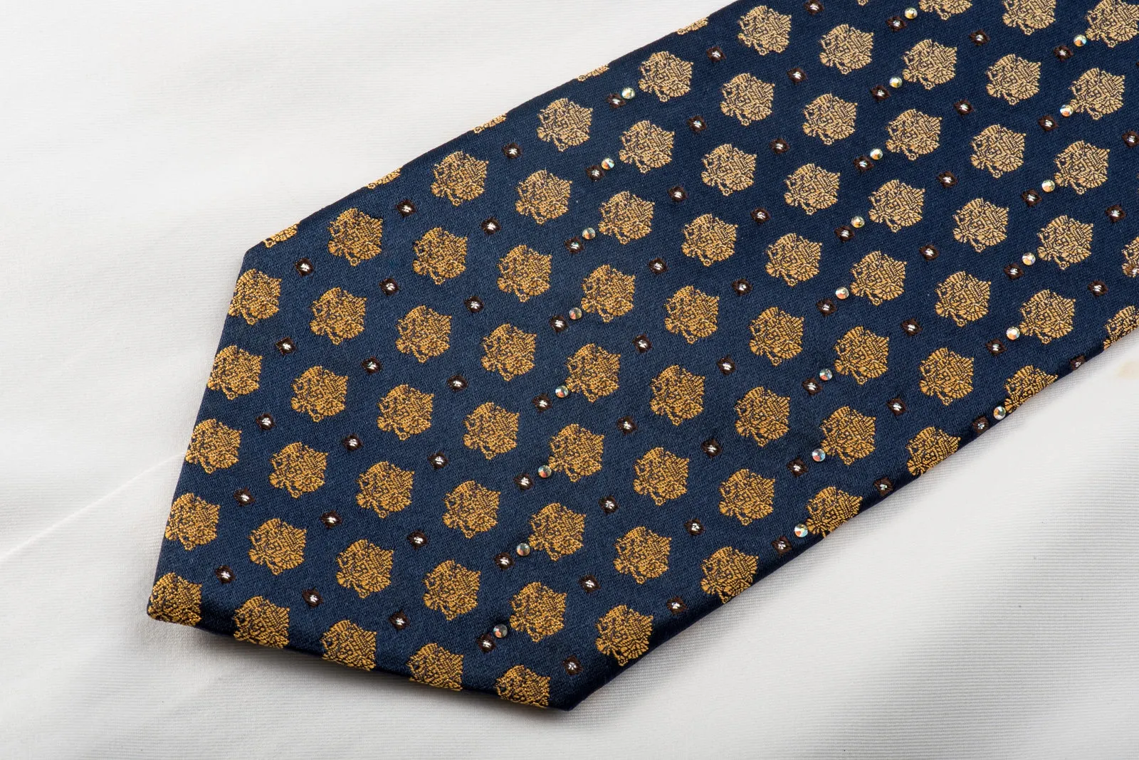 Renoma Mens Crystal Rhinestone Necktie Yellow Cartouche On Navy With Silver Sparkles
