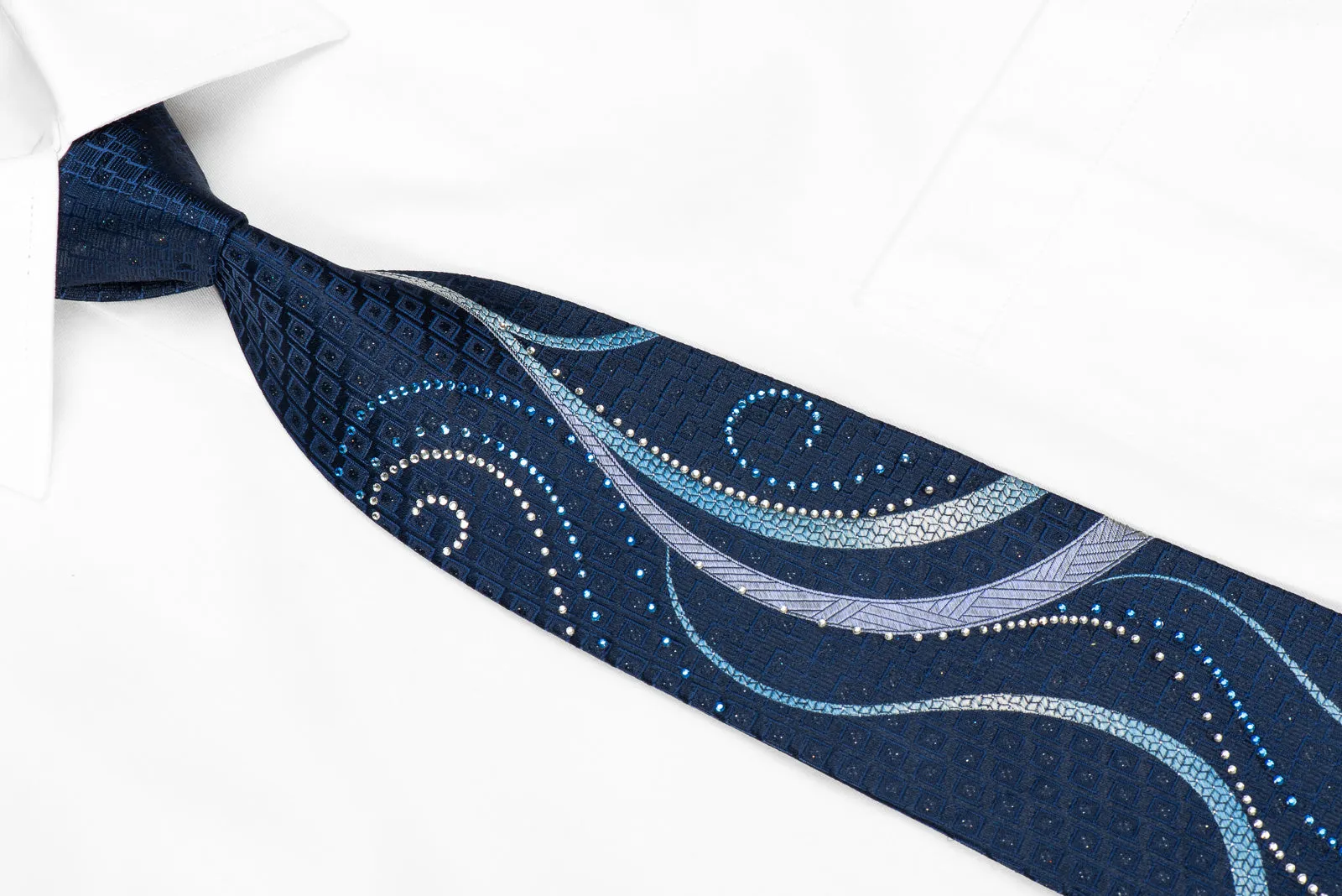 Renoma Men's Crystal Rhinestone Silk Tie Scrolls On Blue With Sparkles