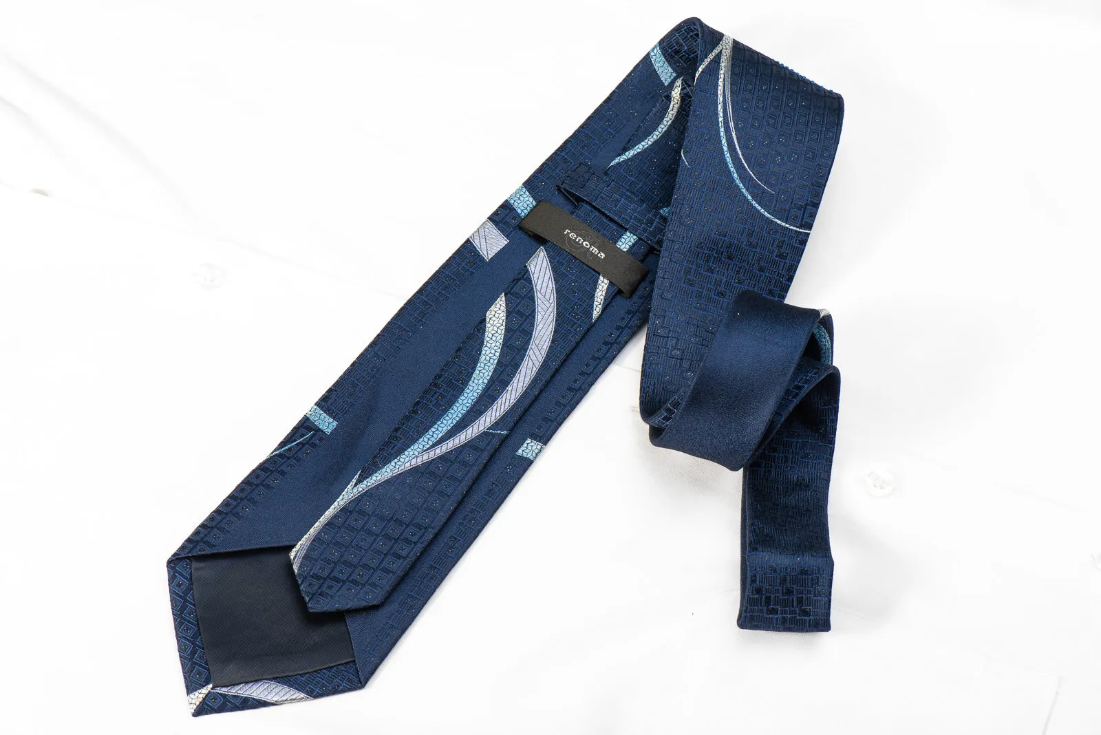 Renoma Men's Crystal Rhinestone Silk Tie Scrolls On Blue With Sparkles
