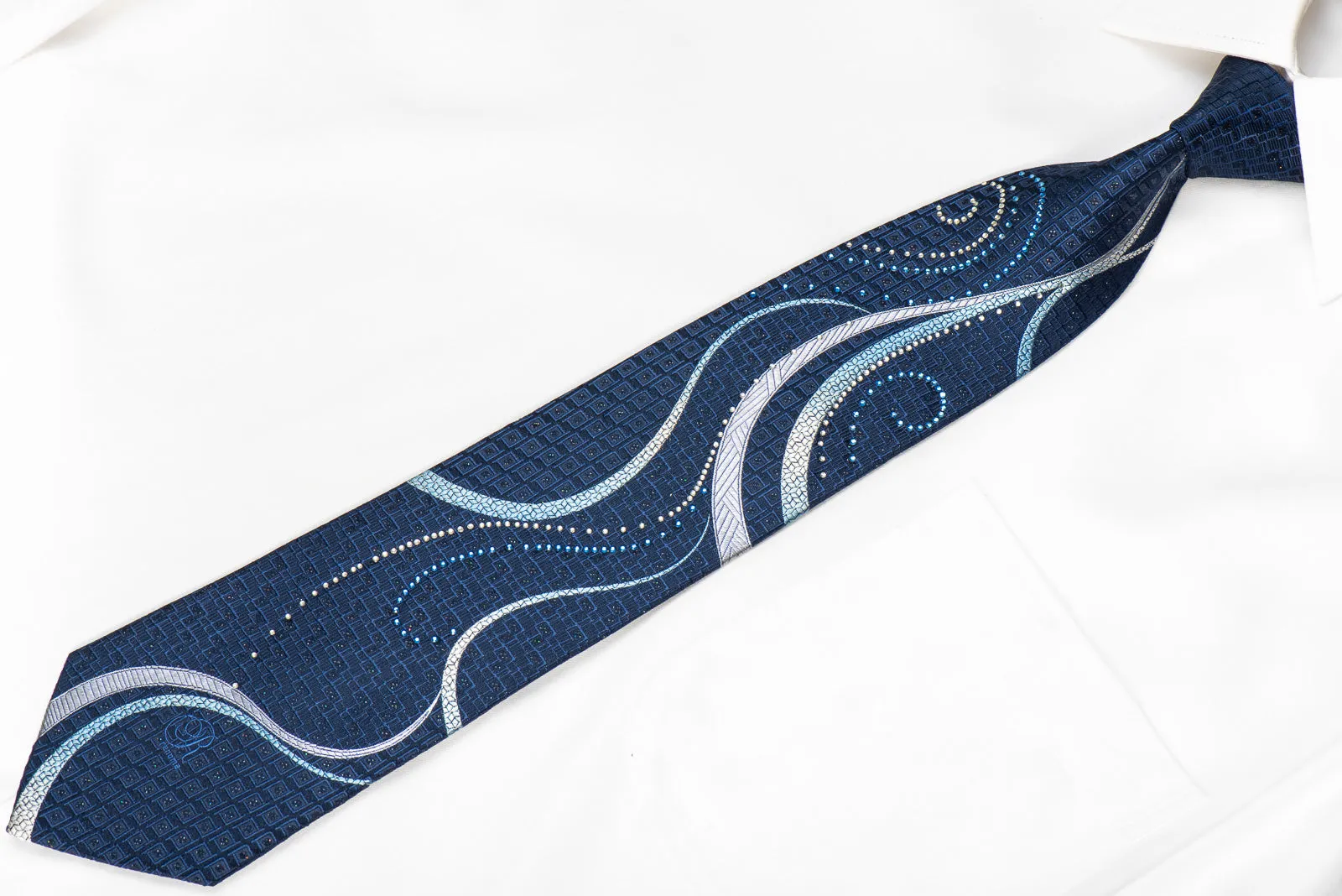Renoma Men's Crystal Rhinestone Silk Tie Scrolls On Blue With Sparkles