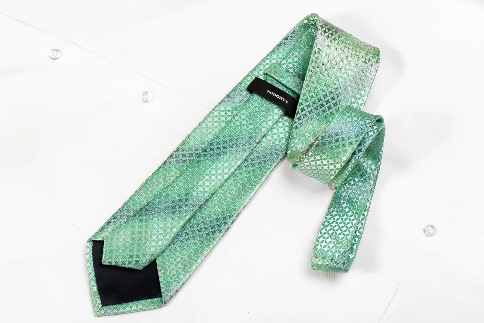Renoma Men's Crystal Silk Necktie Geometric On Green With Silver Sparkles