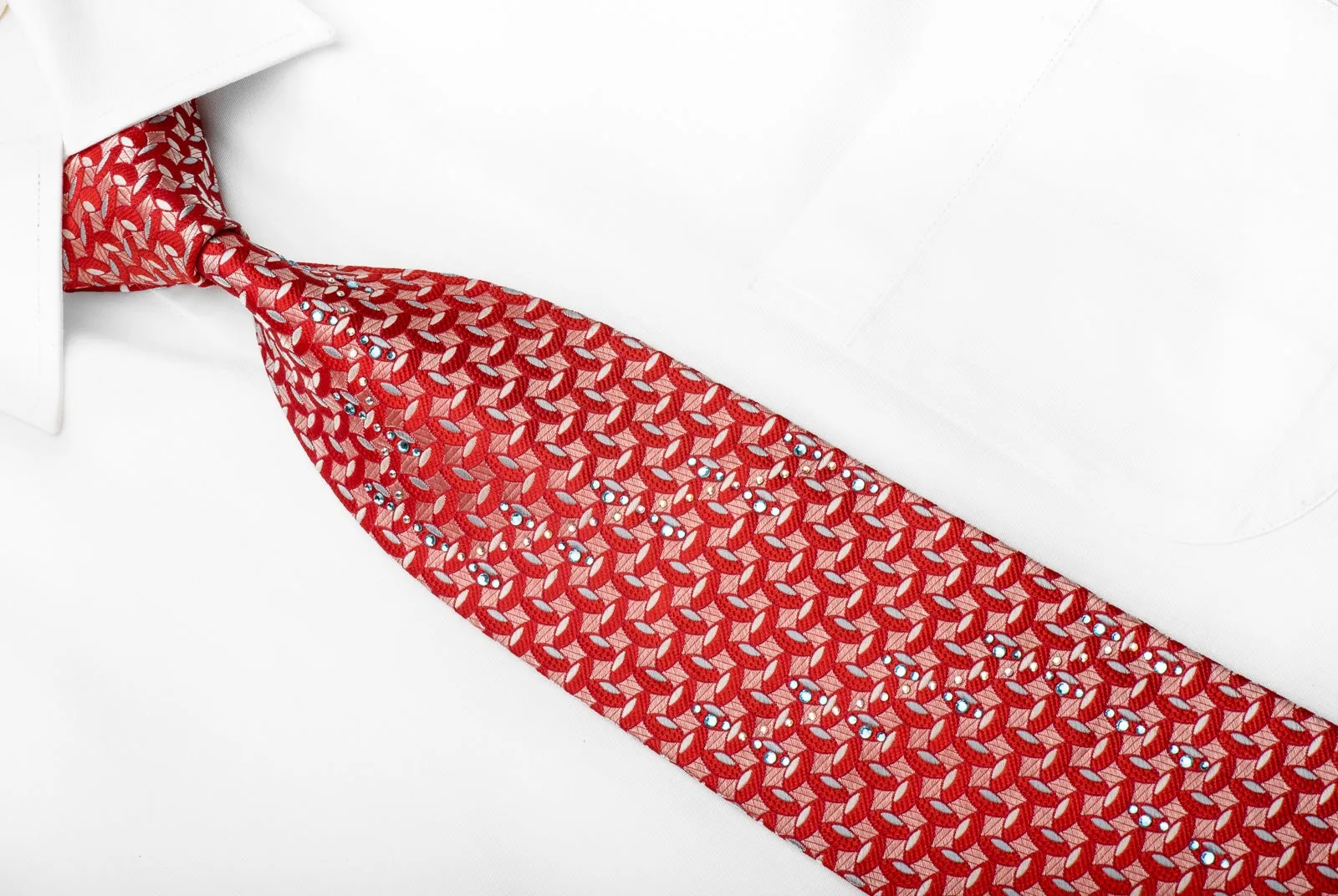 Renoma Mens Crystal Silk Necktie Geometric On Red Sparkling With Rhinestones