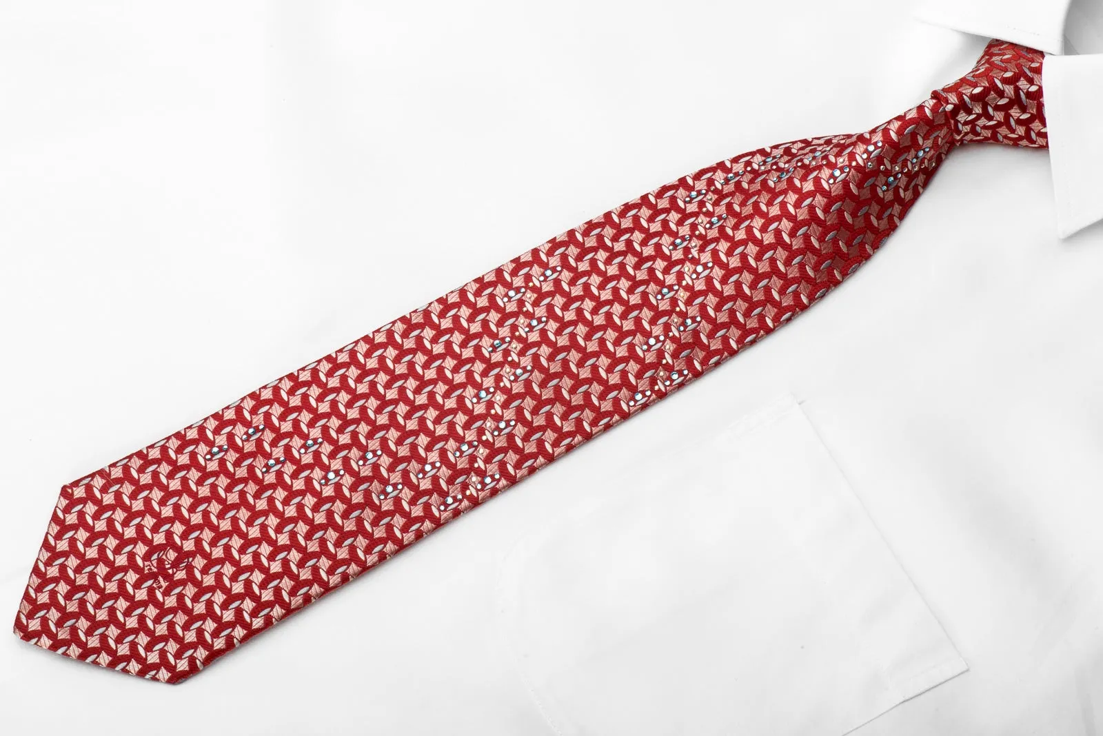Renoma Mens Crystal Silk Necktie Geometric On Red Sparkling With Rhinestones