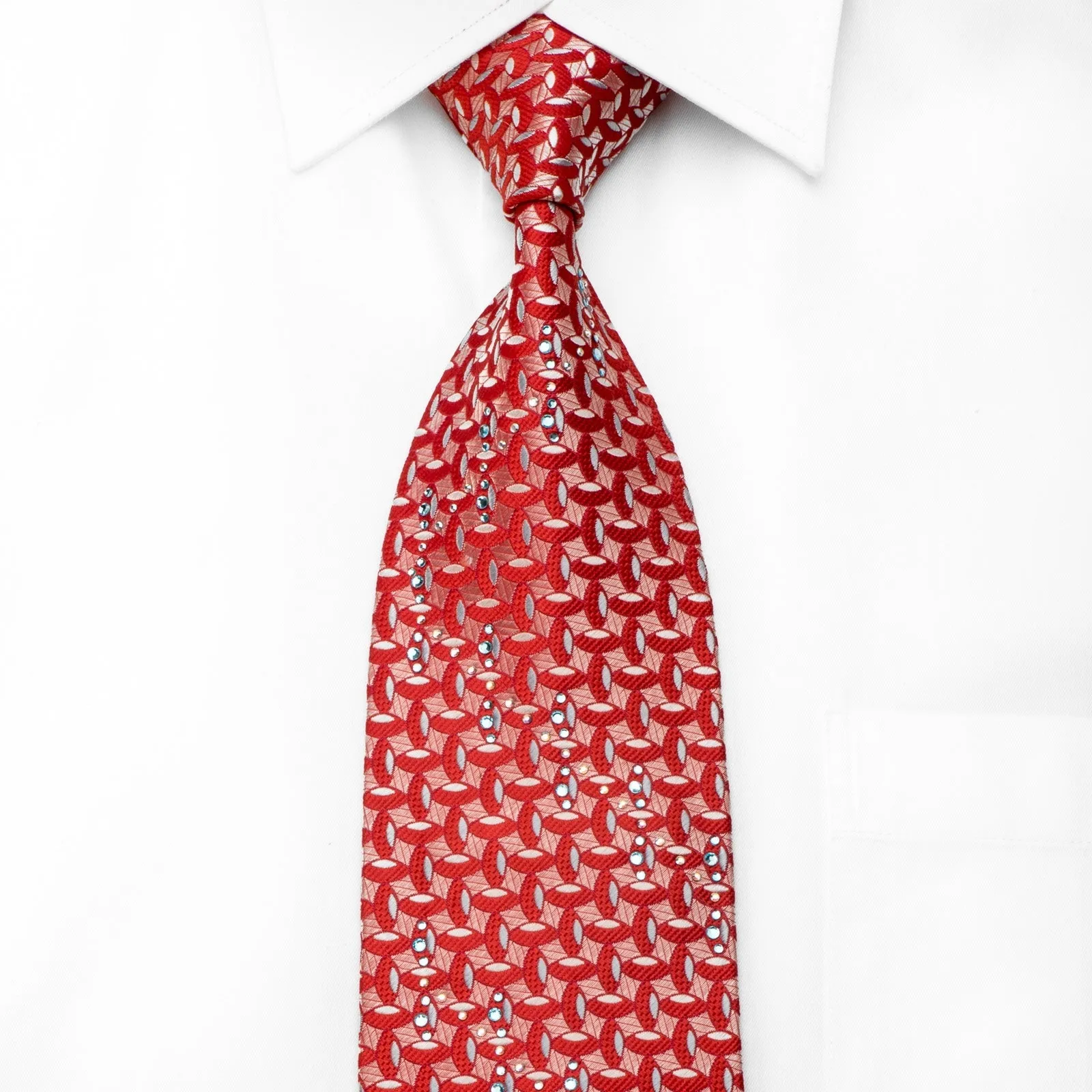 Renoma Mens Crystal Silk Necktie Geometric On Red Sparkling With Rhinestones