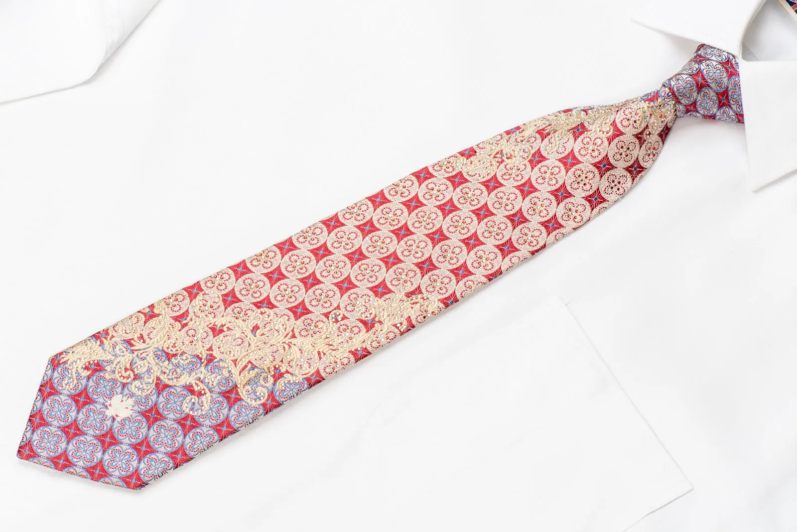 Renoma Men's Crystal Silk Necktie Pink Geometric On Silver With Silver Sparkles