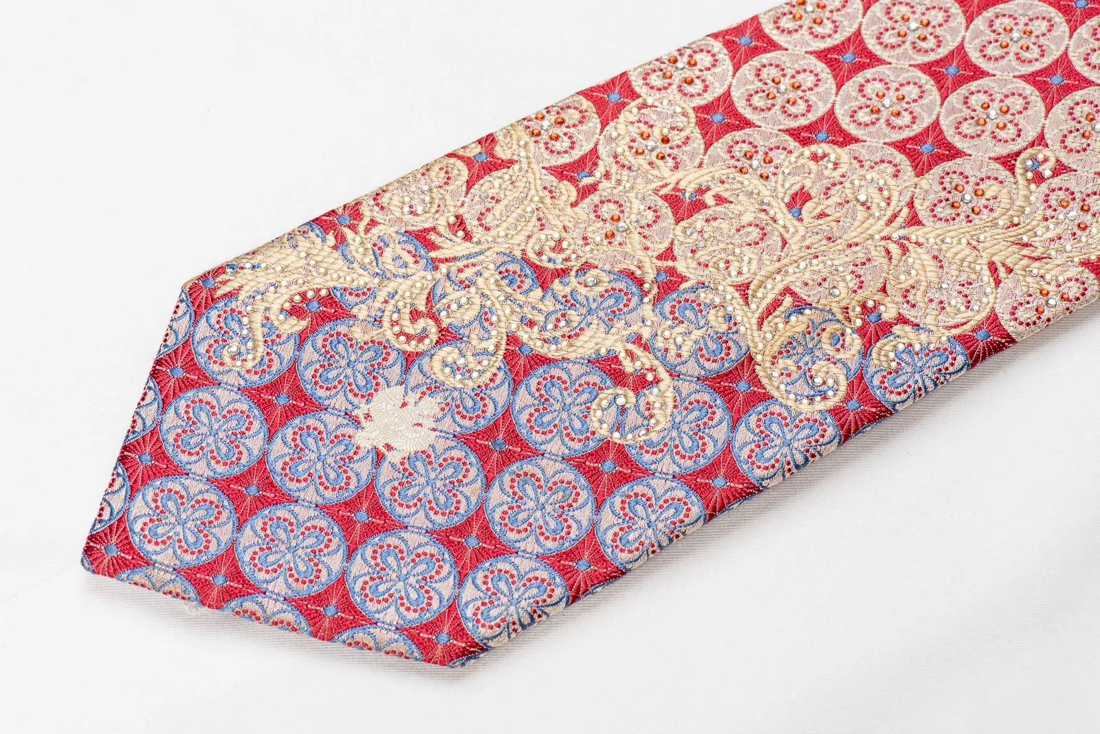 Renoma Men's Crystal Silk Necktie Pink Geometric On Silver With Silver Sparkles