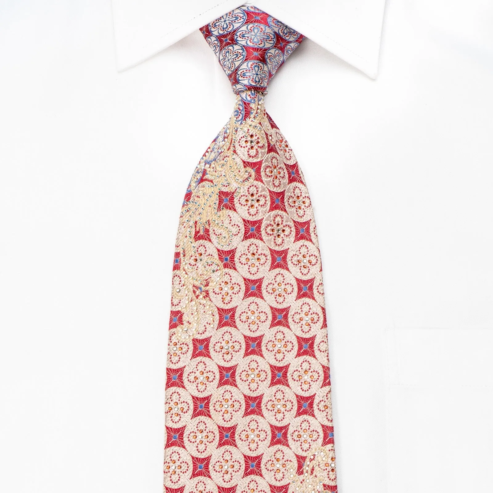 Renoma Men's Crystal Silk Necktie Pink Geometric On Silver With Silver Sparkles