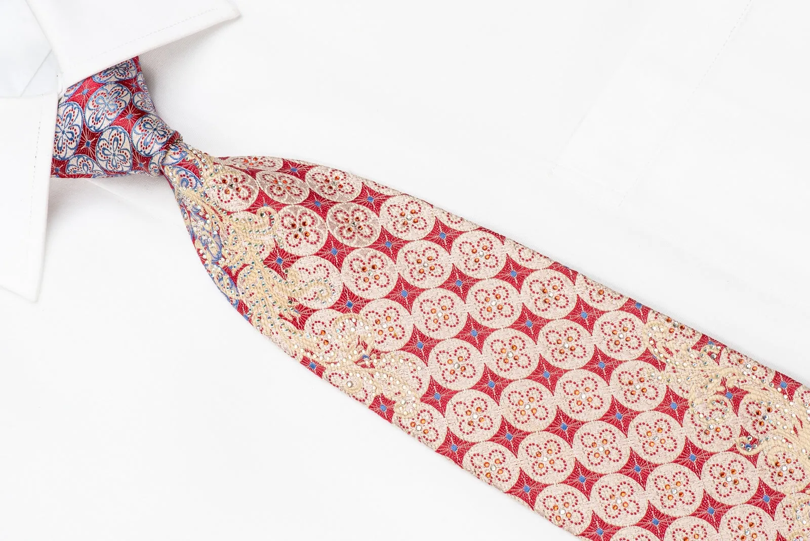 Renoma Men's Crystal Silk Necktie Pink Geometric On Silver With Silver Sparkles