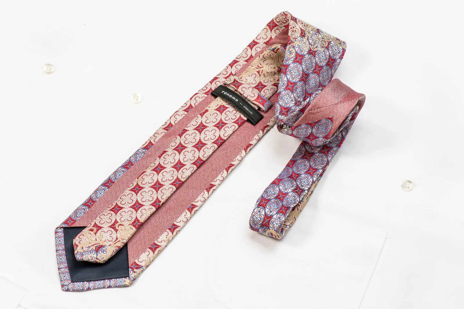 Renoma Men's Crystal Silk Necktie Pink Geometric On Silver With Silver Sparkles
