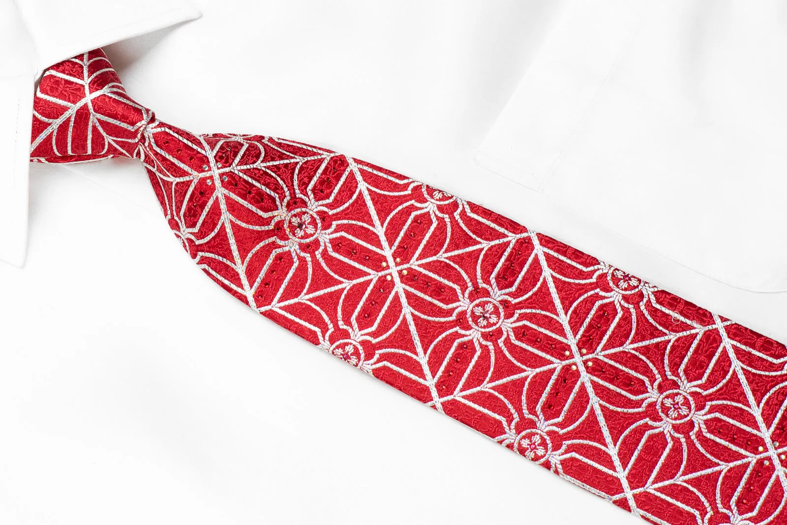 Renoma Mens Crystal Silk Tie Silver Trellis On Red With Silver Sparkles