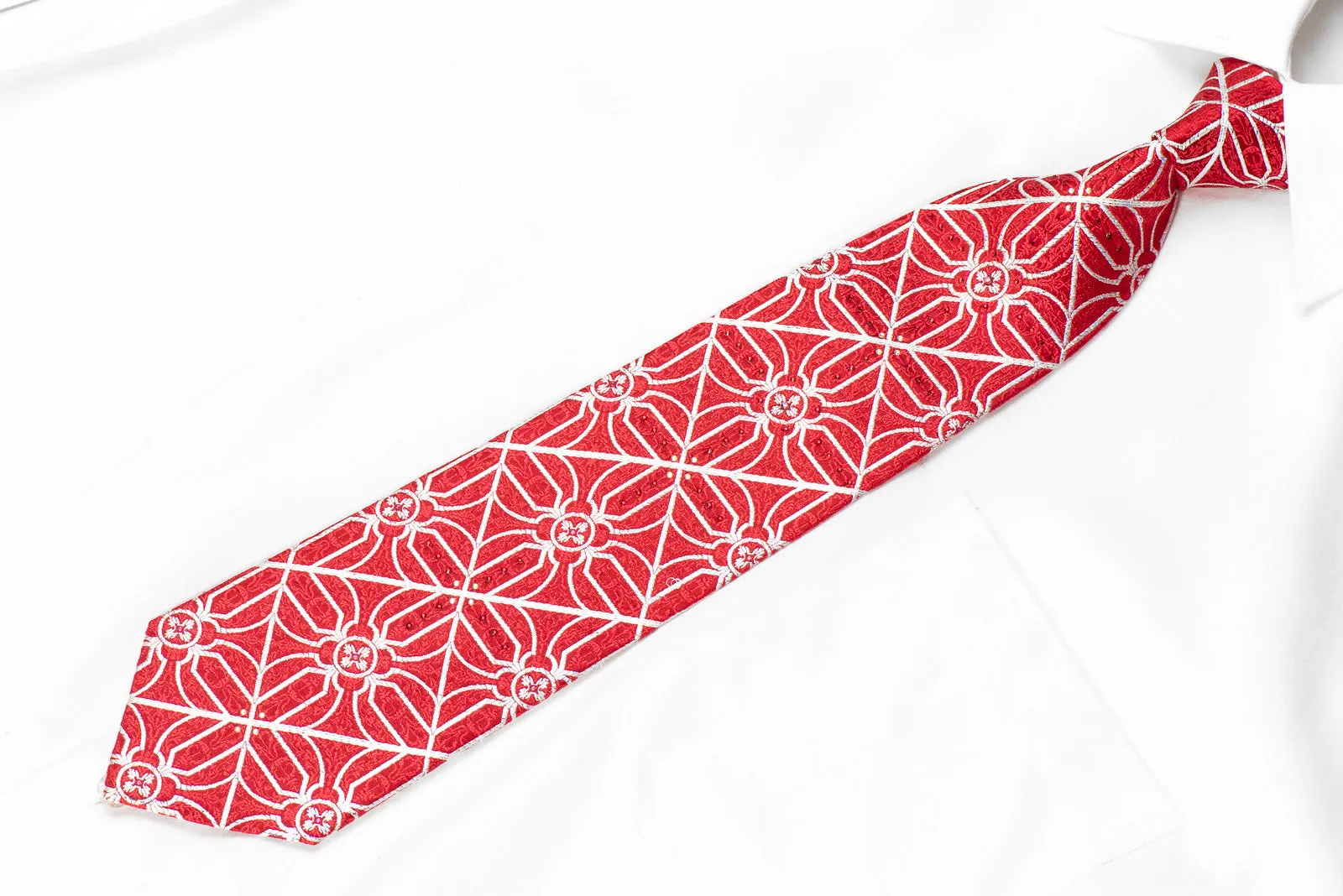 Renoma Mens Crystal Silk Tie Silver Trellis On Red With Silver Sparkles