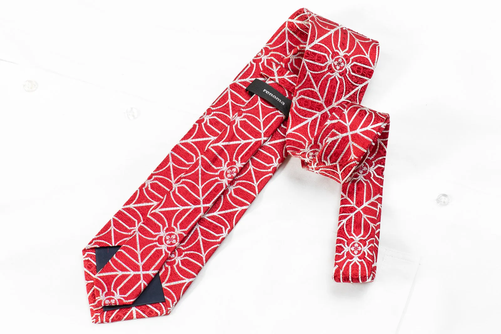 Renoma Mens Crystal Silk Tie Silver Trellis On Red With Silver Sparkles