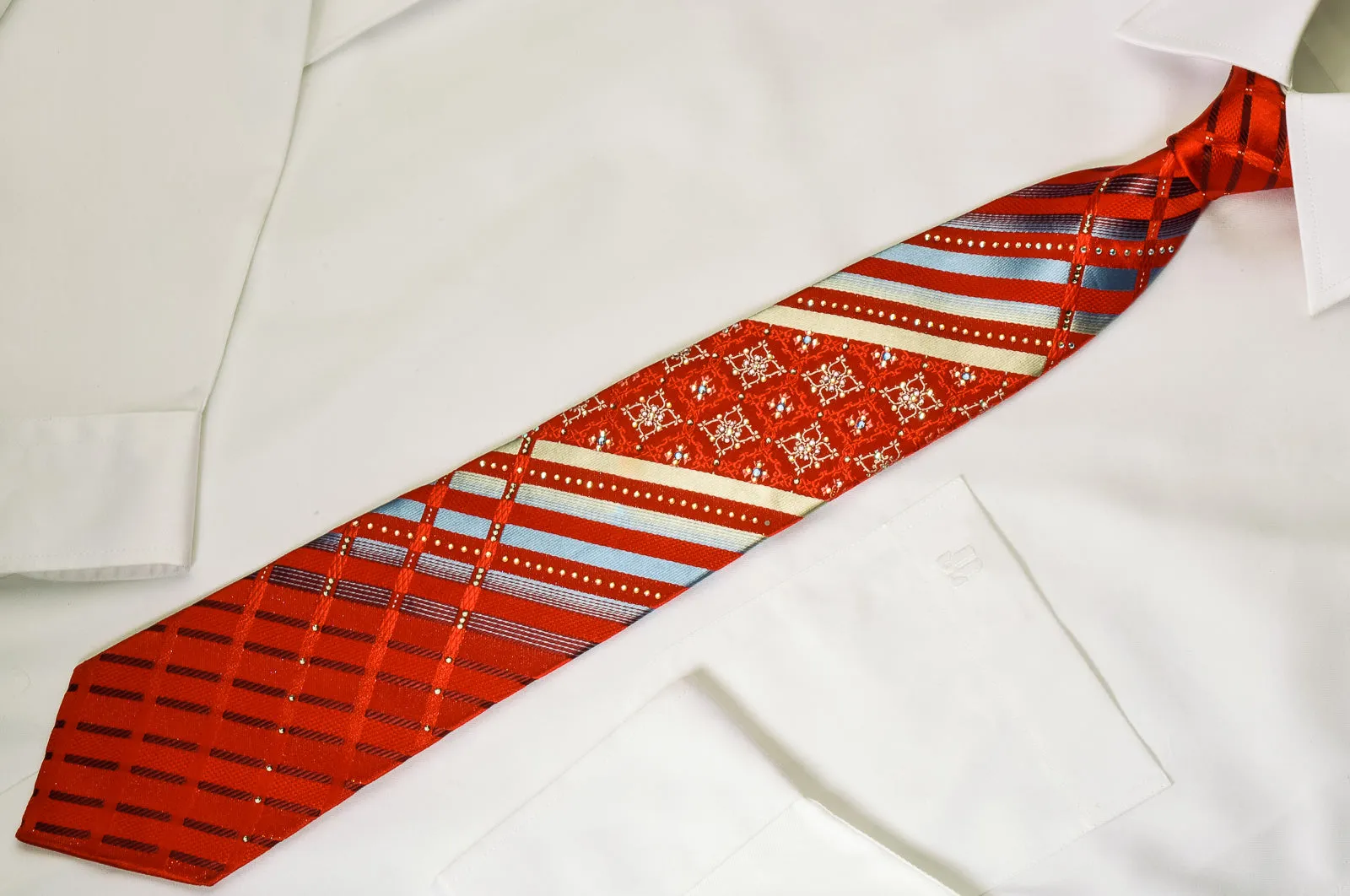 Renoma Rhinestone Necktie Silver Striped On Red With Silver Sparkles