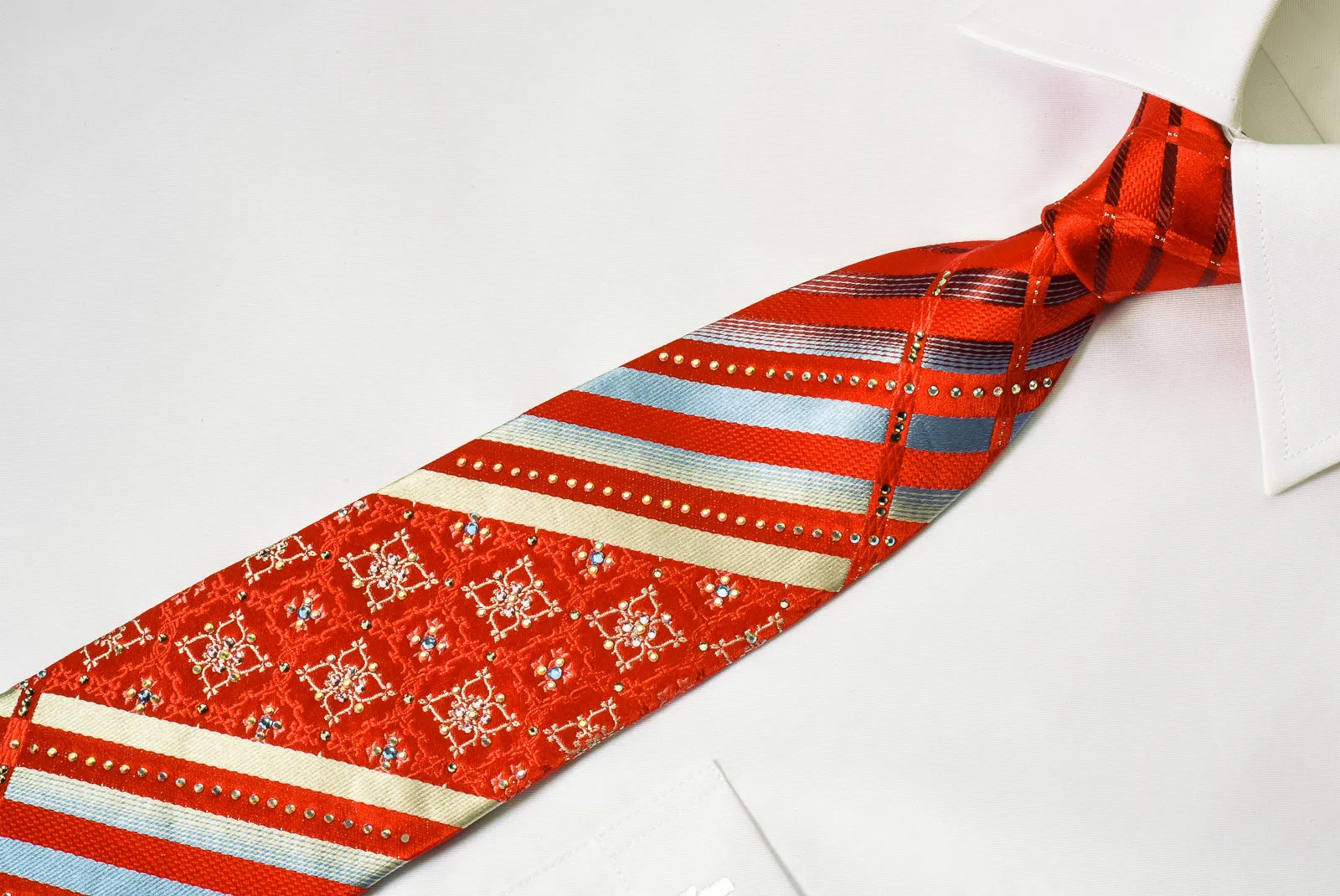 Renoma Rhinestone Necktie Silver Striped On Red With Silver Sparkles