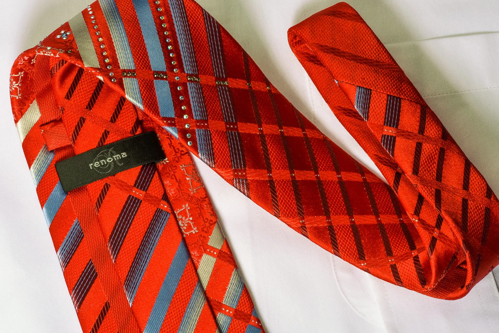Renoma Rhinestone Necktie Silver Striped On Red With Silver Sparkles