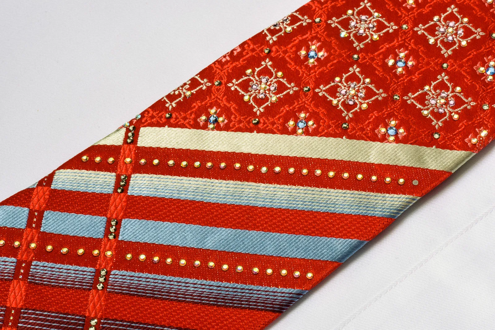 Renoma Rhinestone Necktie Silver Striped On Red With Silver Sparkles