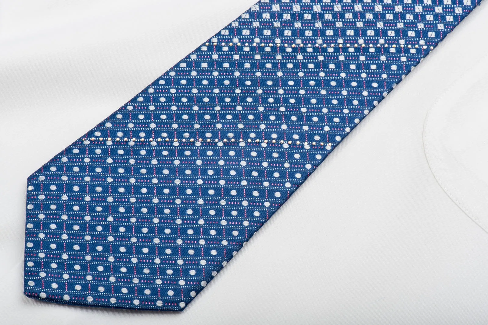 Renoma Rhinestone Silk Necktie Silver Checkered On Blue With Sparkles