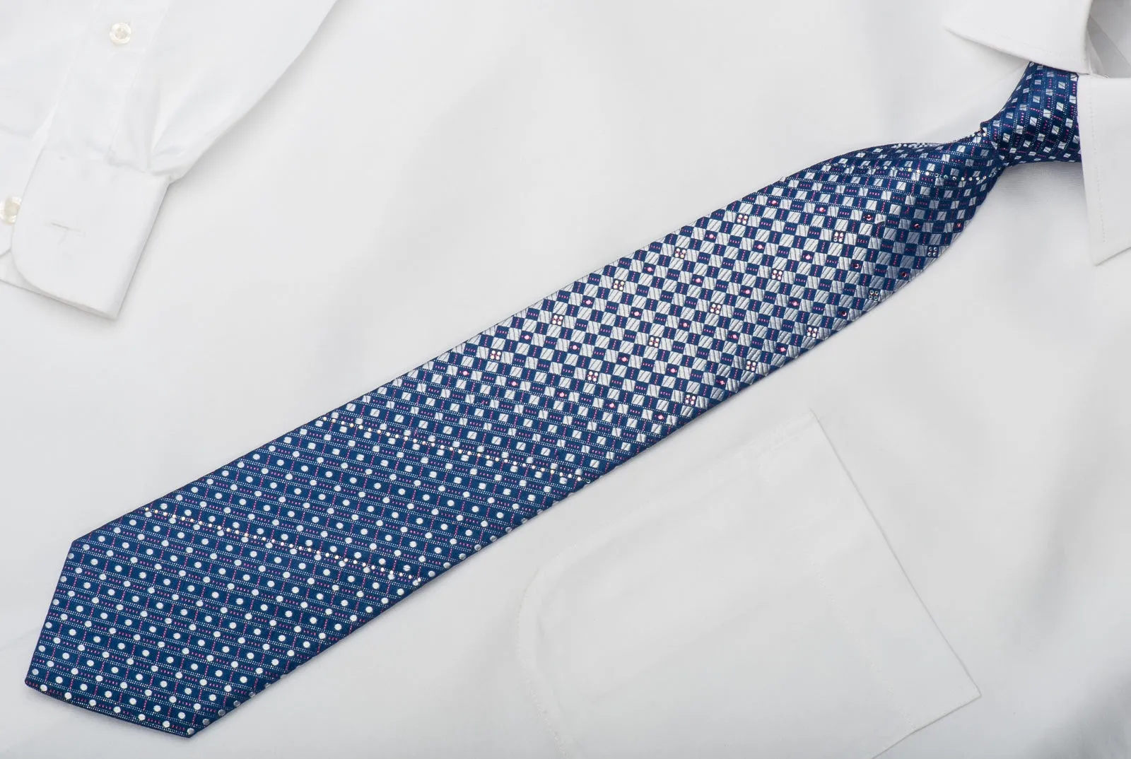 Renoma Rhinestone Silk Necktie Silver Checkered On Blue With Sparkles